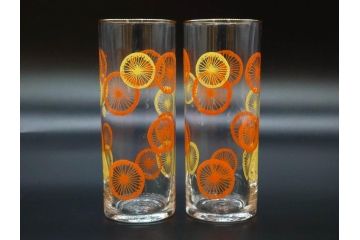 昭和レトロ　レモン　オレンジ　食卓に彩を与えるグラス11点セット(タンブラー、コップ、ガラス、硝子、二色、果物、箱付き、金彩)(R-078827)