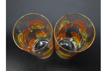 昭和レトロ　レモン　オレンジ　食卓に彩を与えるグラス11点セット(タンブラー、コップ、ガラス、硝子、二色、果物、箱付き、金彩)(R-078827)