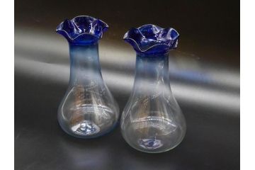 戦前　大正〜昭和初期　昭和レトロ　青フリル　深い瑠璃色が印象的な花瓶2個セット(一輪挿し、花入、花器、硝子)(R-078829)