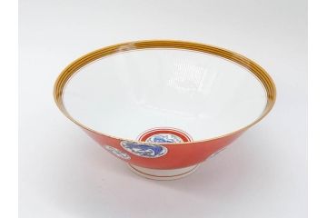 大正〜昭和初期　名古屋製陶所　オールド名陶(メイトー)　約21cm　6.8寸　鮮やかな朱色が目を引く菓子鉢(皿、深鉢、どんぶり、大鉢、和皿、中皿、菓子器、魚、鳳凰、鳥、鶏、獅子唐草、和食器、六寸八分、裏印)(R-078831)