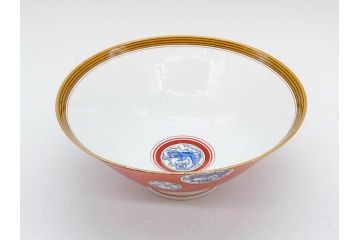 大正〜昭和初期　名古屋製陶所　オールド名陶(メイトー)　約21cm　6.8寸　鮮やかな朱色が目を引く菓子鉢(皿、深鉢、どんぶり、大鉢、和皿、中皿、菓子器、魚、鳳凰、鳥、鶏、獅子唐草、和食器、六寸八分、裏印)(R-078831)