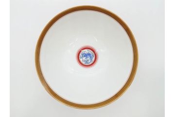 大正〜昭和初期　名古屋製陶所　オールド名陶(メイトー)　約21cm　6.8寸　鮮やかな朱色が目を引く菓子鉢(皿、深鉢、どんぶり、大鉢、和皿、中皿、菓子器、魚、鳳凰、鳥、鶏、獅子唐草、和食器、六寸八分、裏印)(R-078831)