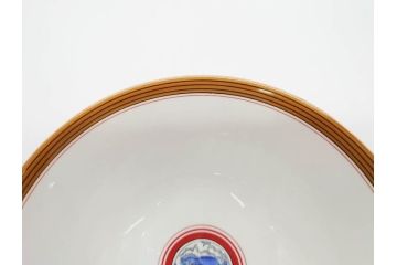 大正〜昭和初期　名古屋製陶所　オールド名陶(メイトー)　約21cm　6.8寸　鮮やかな朱色が目を引く菓子鉢(皿、深鉢、どんぶり、大鉢、和皿、中皿、菓子器、魚、鳳凰、鳥、鶏、獅子唐草、和食器、六寸八分、裏印)(R-078831)