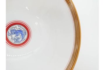 大正〜昭和初期　名古屋製陶所　オールド名陶(メイトー)　約21cm　6.8寸　鮮やかな朱色が目を引く菓子鉢(皿、深鉢、どんぶり、大鉢、和皿、中皿、菓子器、魚、鳳凰、鳥、鶏、獅子唐草、和食器、六寸八分、裏印)(R-078831)