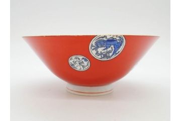 大正〜昭和初期　名古屋製陶所　オールド名陶(メイトー)　約21cm　6.8寸　鮮やかな朱色が目を引く菓子鉢(皿、深鉢、どんぶり、大鉢、和皿、中皿、菓子器、魚、鳳凰、鳥、鶏、獅子唐草、和食器、六寸八分、裏印)(R-078831)