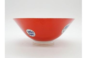 大正〜昭和初期　名古屋製陶所　オールド名陶(メイトー)　約21cm　6.8寸　鮮やかな朱色が目を引く菓子鉢(皿、深鉢、どんぶり、大鉢、和皿、中皿、菓子器、魚、鳳凰、鳥、鶏、獅子唐草、和食器、六寸八分、裏印)(R-078831)