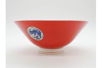 大正〜昭和初期　名古屋製陶所　オールド名陶(メイトー)　約21cm　6.8寸　鮮やかな朱色が目を引く菓子鉢(皿、深鉢、どんぶり、大鉢、和皿、中皿、菓子器、魚、鳳凰、鳥、鶏、獅子唐草、和食器、六寸八分、裏印)(R-078831)