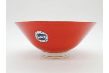 大正〜昭和初期　名古屋製陶所　オールド名陶(メイトー)　約21cm　6.8寸　鮮やかな朱色が目を引く菓子鉢(皿、深鉢、どんぶり、大鉢、和皿、中皿、菓子器、魚、鳳凰、鳥、鶏、獅子唐草、和食器、六寸八分、裏印)(R-078831)