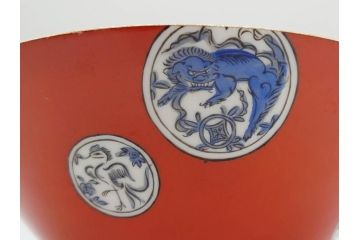 大正〜昭和初期　名古屋製陶所　オールド名陶(メイトー)　約21cm　6.8寸　鮮やかな朱色が目を引く菓子鉢(皿、深鉢、どんぶり、大鉢、和皿、中皿、菓子器、魚、鳳凰、鳥、鶏、獅子唐草、和食器、六寸八分、裏印)(R-078831)