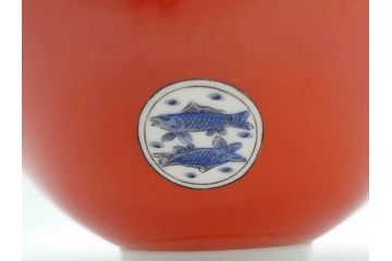 大正〜昭和初期　名古屋製陶所　オールド名陶(メイトー)　約21cm　6.8寸　鮮やかな朱色が目を引く菓子鉢(皿、深鉢、どんぶり、大鉢、和皿、中皿、菓子器、魚、鳳凰、鳥、鶏、獅子唐草、和食器、六寸八分、裏印)(R-078831)