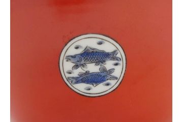 大正〜昭和初期　名古屋製陶所　オールド名陶(メイトー)　約21cm　6.8寸　鮮やかな朱色が目を引く菓子鉢(皿、深鉢、どんぶり、大鉢、和皿、中皿、菓子器、魚、鳳凰、鳥、鶏、獅子唐草、和食器、六寸八分、裏印)(R-078831)