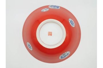 大正〜昭和初期　名古屋製陶所　オールド名陶(メイトー)　約21cm　6.8寸　鮮やかな朱色が目を引く菓子鉢(皿、深鉢、どんぶり、大鉢、和皿、中皿、菓子器、魚、鳳凰、鳥、鶏、獅子唐草、和食器、六寸八分、裏印)(R-078831)