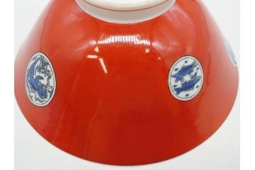 大正〜昭和初期　名古屋製陶所　オールド名陶(メイトー)　約21cm　6.8寸　鮮やかな朱色が目を引く菓子鉢(皿、深鉢、どんぶり、大鉢、和皿、中皿、菓子器、魚、鳳凰、鳥、鶏、獅子唐草、和食器、六寸八分、裏印)(R-078831)