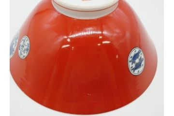 大正〜昭和初期　名古屋製陶所　オールド名陶(メイトー)　約21cm　6.8寸　鮮やかな朱色が目を引く菓子鉢(皿、深鉢、どんぶり、大鉢、和皿、中皿、菓子器、魚、鳳凰、鳥、鶏、獅子唐草、和食器、六寸八分、裏印)(R-078831)