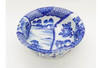 江戸期　古伊万里　染付　山水図　約26cm　8.6寸　器全体に描かれた細やかな色絵が見事な深鉢(大鉢、大皿、深皿、菊、藍草花文、和皿、和食器、八寸六分)(R-078832)