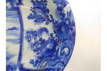 江戸期　古伊万里　染付　山水図　約26cm　8.6寸　器全体に描かれた細やかな色絵が見事な深鉢(大鉢、大皿、深皿、菊、藍草花文、和皿、和食器、八寸六分)(R-078832)