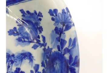 江戸期　古伊万里　染付　山水図　約26cm　8.6寸　器全体に描かれた細やかな色絵が見事な深鉢(大鉢、大皿、深皿、菊、藍草花文、和皿、和食器、八寸六分)(R-078832)