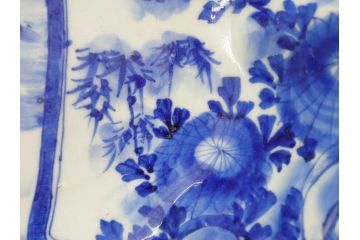 江戸期　古伊万里　染付　山水図　約26cm　8.6寸　器全体に描かれた細やかな色絵が見事な深鉢(大鉢、大皿、深皿、菊、藍草花文、和皿、和食器、八寸六分)(R-078832)