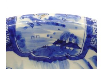 江戸期　古伊万里　染付　山水図　約26cm　8.6寸　器全体に描かれた細やかな色絵が見事な深鉢(大鉢、大皿、深皿、菊、藍草花文、和皿、和食器、八寸六分)(R-078832)
