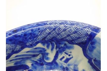 江戸期　古伊万里　染付　山水図　約26cm　8.6寸　器全体に描かれた細やかな色絵が見事な深鉢(大鉢、大皿、深皿、菊、藍草花文、和皿、和食器、八寸六分)(R-078832)