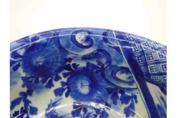 江戸期　古伊万里　染付　山水図　約26cm　8.6寸　器全体に描かれた細やかな色絵が見事な深鉢(大鉢、大皿、深皿、菊、藍草花文、和皿、和食器、八寸六分)(R-078832)