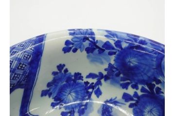 江戸期　古伊万里　染付　山水図　約26cm　8.6寸　器全体に描かれた細やかな色絵が見事な深鉢(大鉢、大皿、深皿、菊、藍草花文、和皿、和食器、八寸六分)(R-078832)