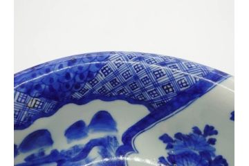 江戸期　古伊万里　染付　山水図　約26cm　8.6寸　器全体に描かれた細やかな色絵が見事な深鉢(大鉢、大皿、深皿、菊、藍草花文、和皿、和食器、八寸六分)(R-078832)