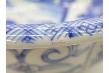 江戸期　古伊万里　染付　山水図　約26cm　8.6寸　器全体に描かれた細やかな色絵が見事な深鉢(大鉢、大皿、深皿、菊、藍草花文、和皿、和食器、八寸六分)(R-078832)