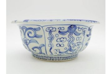 江戸期　古伊万里　染付　山水図　約26cm　8.6寸　器全体に描かれた細やかな色絵が見事な深鉢(大鉢、大皿、深皿、菊、藍草花文、和皿、和食器、八寸六分)(R-078832)