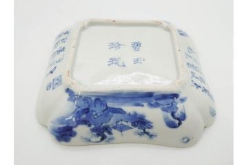 時代物　中国古玩　唐物　染付　碧玉珍玩　約14cm　4.5寸　繊細に描かれたデザインに匠の技が光る変形皿5枚セット(古伊万里、なます皿、小皿、菊唐草文、四寸五分、和食器、和皿)(R-078833)