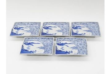 江戸期　大明成化年製　古伊万里　上手物　染付　花唐草　鍋島　約16cm　5.2寸　丁寧に線描で描かれた楼閣山水図が美しい変形皿5枚セット(なます皿、和食器、和皿、角皿、五寸二分)(R-078834)