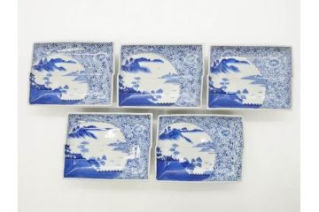 江戸期　大明成化年製　古伊万里　上手物　染付　花唐草　鍋島　約16cm　5.2寸　丁寧に線描で描かれた楼閣山水図が美しい変形皿5枚セット(なます皿、和食器、和皿、角皿、五寸二分)(R-078834)