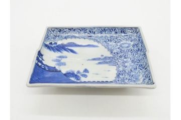 江戸期　大明成化年製　古伊万里　上手物　染付　花唐草　鍋島　約16cm　5.2寸　丁寧に線描で描かれた楼閣山水図が美しい変形皿5枚セット(なます皿、和食器、和皿、角皿、五寸二分)(R-078834)