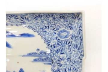 江戸期　大明成化年製　古伊万里　上手物　染付　花唐草　鍋島　約16cm　5.2寸　丁寧に線描で描かれた楼閣山水図が美しい変形皿5枚セット(なます皿、和食器、和皿、角皿、五寸二分)(R-078834)