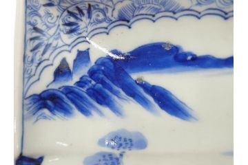 江戸期　大明成化年製　古伊万里　上手物　染付　花唐草　鍋島　約16cm　5.2寸　丁寧に線描で描かれた楼閣山水図が美しい変形皿5枚セット(なます皿、和食器、和皿、角皿、五寸二分)(R-078834)