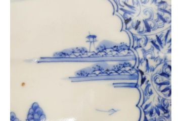 江戸期　大明成化年製　古伊万里　上手物　染付　花唐草　鍋島　約16cm　5.2寸　丁寧に線描で描かれた楼閣山水図が美しい変形皿5枚セット(なます皿、和食器、和皿、角皿、五寸二分)(R-078834)