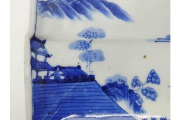 江戸期　大明成化年製　古伊万里　上手物　染付　花唐草　鍋島　約16cm　5.2寸　丁寧に線描で描かれた楼閣山水図が美しい変形皿5枚セット(なます皿、和食器、和皿、角皿、五寸二分)(R-078834)
