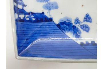 江戸期　大明成化年製　古伊万里　上手物　染付　花唐草　鍋島　約16cm　5.2寸　丁寧に線描で描かれた楼閣山水図が美しい変形皿5枚セット(なます皿、和食器、和皿、角皿、五寸二分)(R-078834)