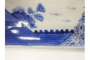 江戸期　大明成化年製　古伊万里　上手物　染付　花唐草　鍋島　約16cm　5.2寸　丁寧に線描で描かれた楼閣山水図が美しい変形皿5枚セット(なます皿、和食器、和皿、角皿、五寸二分)(R-078834)