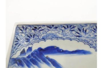 江戸期　大明成化年製　古伊万里　上手物　染付　花唐草　鍋島　約16cm　5.2寸　丁寧に線描で描かれた楼閣山水図が美しい変形皿5枚セット(なます皿、和食器、和皿、角皿、五寸二分)(R-078834)
