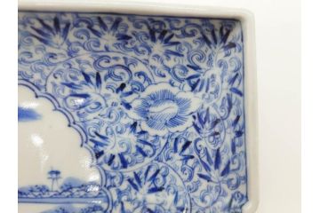 江戸期　大明成化年製　古伊万里　上手物　染付　花唐草　鍋島　約16cm　5.2寸　丁寧に線描で描かれた楼閣山水図が美しい変形皿5枚セット(なます皿、和食器、和皿、角皿、五寸二分)(R-078834)