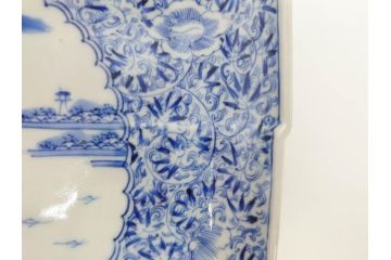 江戸期　大明成化年製　古伊万里　上手物　染付　花唐草　鍋島　約16cm　5.2寸　丁寧に線描で描かれた楼閣山水図が美しい変形皿5枚セット(なます皿、和食器、和皿、角皿、五寸二分)(R-078834)