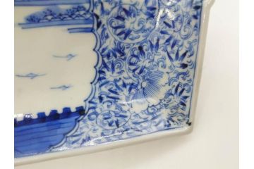 江戸期　大明成化年製　古伊万里　上手物　染付　花唐草　鍋島　約16cm　5.2寸　丁寧に線描で描かれた楼閣山水図が美しい変形皿5枚セット(なます皿、和食器、和皿、角皿、五寸二分)(R-078834)