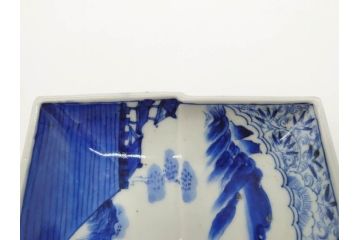 江戸期　大明成化年製　古伊万里　上手物　染付　花唐草　鍋島　約16cm　5.2寸　丁寧に線描で描かれた楼閣山水図が美しい変形皿5枚セット(なます皿、和食器、和皿、角皿、五寸二分)(R-078834)