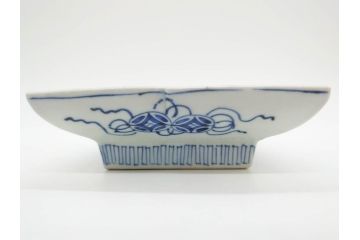 江戸期　大明成化年製　古伊万里　上手物　染付　花唐草　鍋島　約16cm　5.2寸　丁寧に線描で描かれた楼閣山水図が美しい変形皿5枚セット(なます皿、和食器、和皿、角皿、五寸二分)(R-078834)