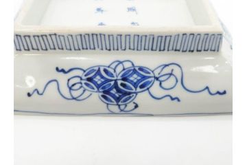 江戸期　大明成化年製　古伊万里　上手物　染付　花唐草　鍋島　約16cm　5.2寸　丁寧に線描で描かれた楼閣山水図が美しい変形皿5枚セット(なます皿、和食器、和皿、角皿、五寸二分)(R-078834)