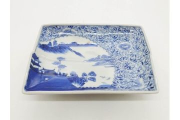 江戸期　大明成化年製　古伊万里　上手物　染付　花唐草　鍋島　約16cm　5.2寸　丁寧に線描で描かれた楼閣山水図が美しい変形皿5枚セット(なます皿、和食器、和皿、角皿、五寸二分)(R-078834)