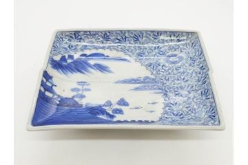 江戸期　大明成化年製　古伊万里　上手物　染付　花唐草　鍋島　約16cm　5.2寸　丁寧に線描で描かれた楼閣山水図が美しい変形皿5枚セット(なます皿、和食器、和皿、角皿、五寸二分)(R-078834)