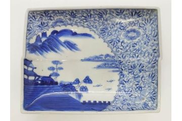 江戸期　大明成化年製　古伊万里　上手物　染付　花唐草　鍋島　約16cm　5.2寸　丁寧に線描で描かれた楼閣山水図が美しい変形皿5枚セット(なます皿、和食器、和皿、角皿、五寸二分)(R-078834)