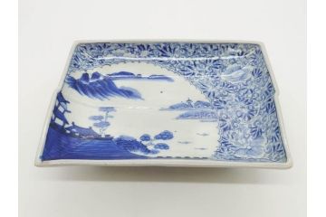 江戸期　大明成化年製　古伊万里　上手物　染付　花唐草　鍋島　約16cm　5.2寸　丁寧に線描で描かれた楼閣山水図が美しい変形皿5枚セット(なます皿、和食器、和皿、角皿、五寸二分)(R-078834)